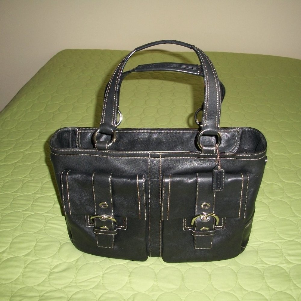 Coach Black Large Leather Beige Stitch Satchel/Shoulder Handbag